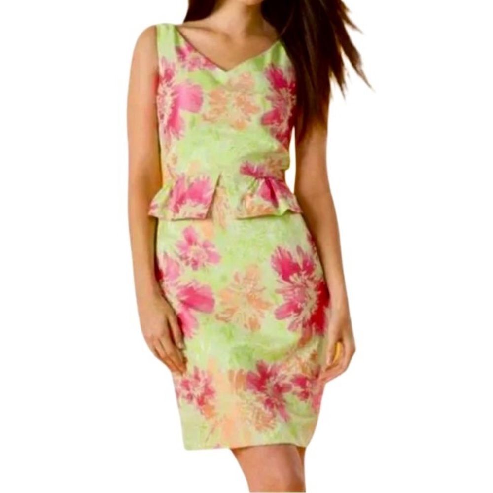 Tahari ASL V Neck Floral Sleeveless Peplum Dress in Green/Pink/Orange Women’s 10